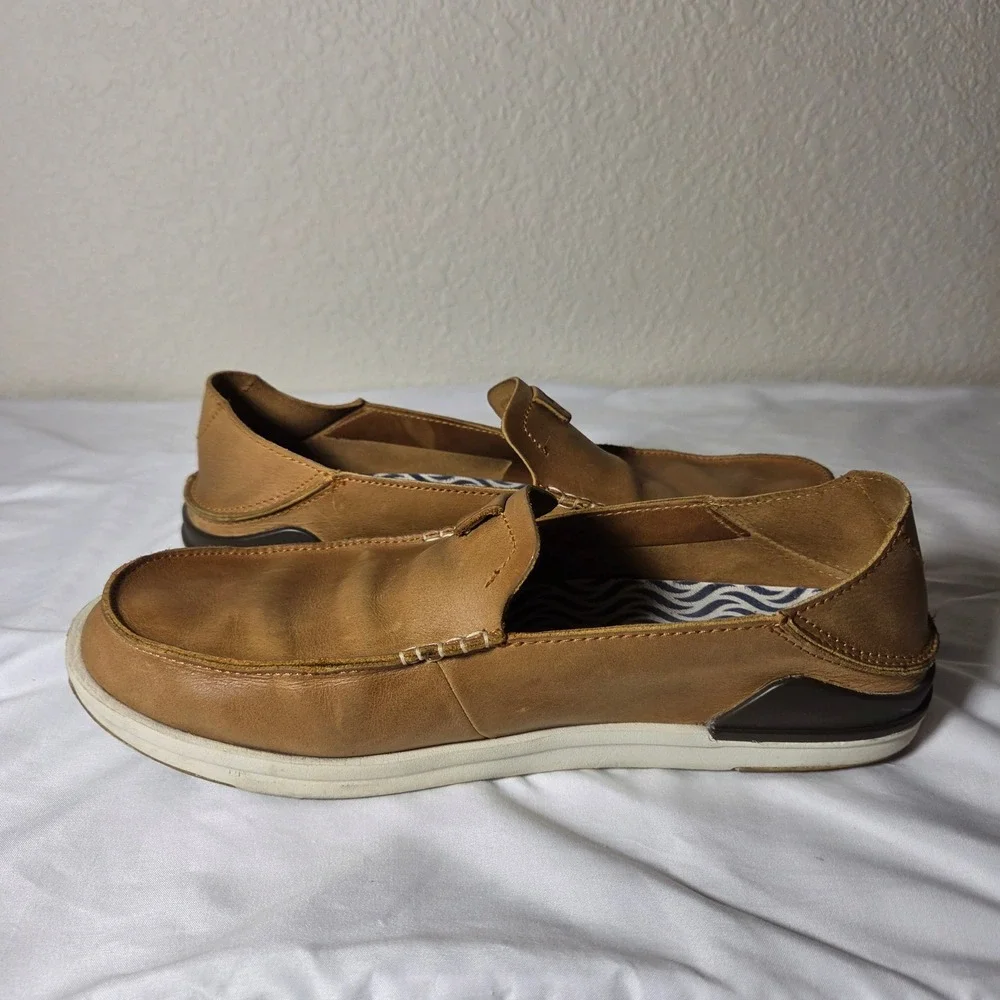 OluKai Kakaha Mens Leather Slip On Shoes Tan Brown Loafers 10490-FXFX Size 12